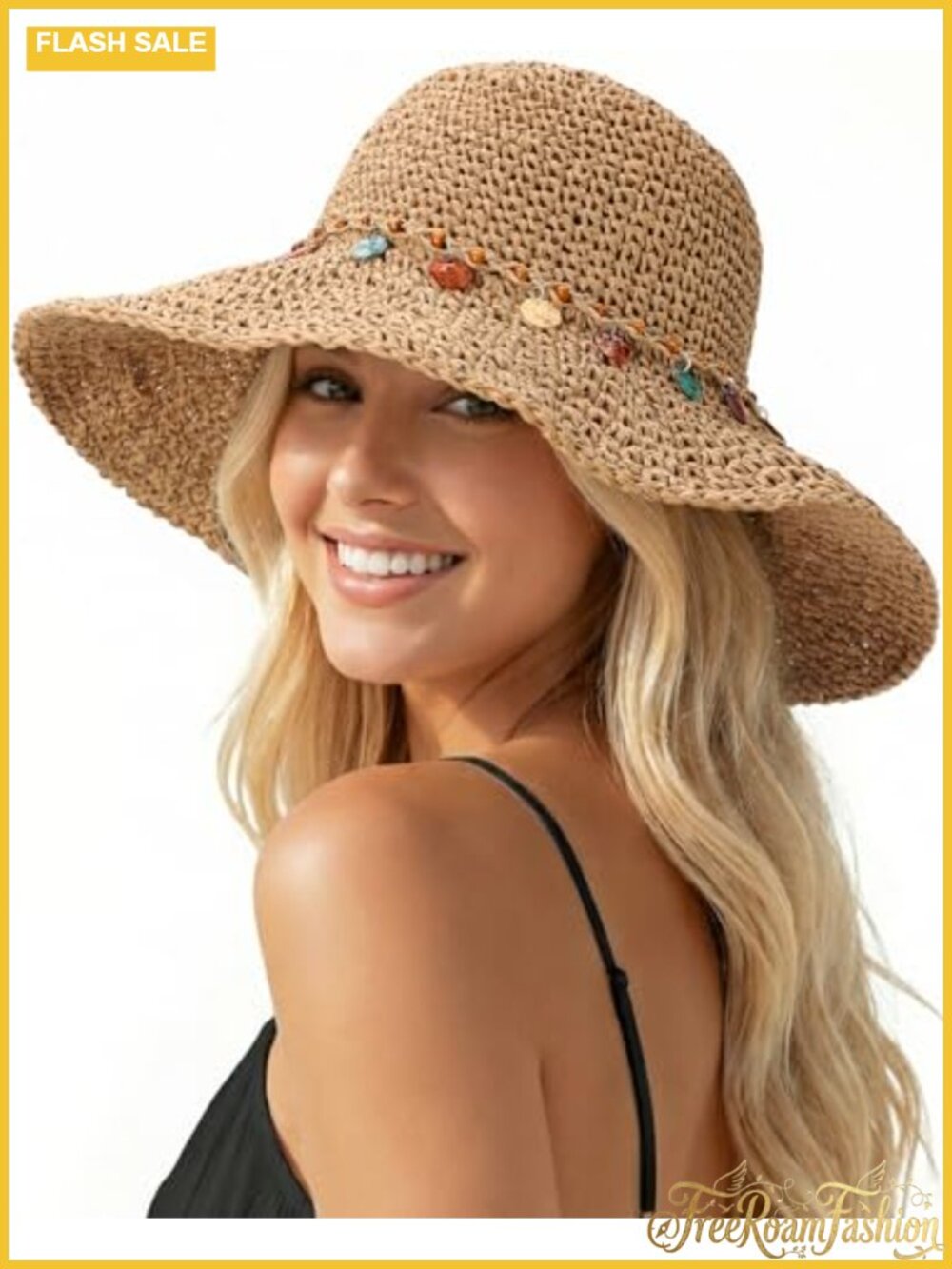 Handwoven Straw Sun Hat UPF 50+ Wide Brim Beach Floppy